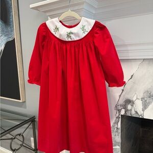 The Bailey Boys Red Corduroy Dress with Christmas Holly Embroidered Collar